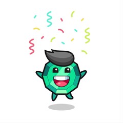 happy emerald gemstone mascot jumping for congratulation with colour confetti