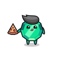 cute emerald gemstone cartoon eating pizza