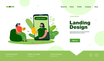 Patient at online therapy session. Female character on huge phone screen, woman taking notes flat vector illustration. Online therapy, mental health concept for banner, website design or landing page