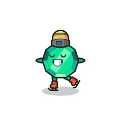 emerald gemstone cartoon as an ice skating player doing perform