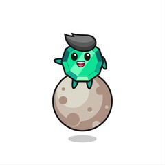 illustration of emerald gemstone cartoon sitting on the moon