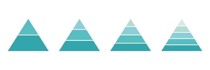 Pyramid infographic blue set. Triangle hierarchy data segments collection. Vector business illustration isolated on white