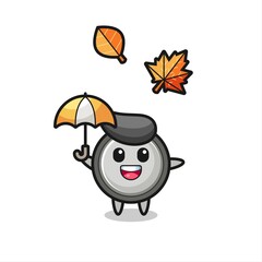 cartoon of the cute button cell holding an umbrella in autumn
