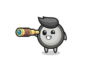 cute button cell character is holding an old telescope