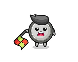 button cell character as line judge hold the flag down at a 45 degree angle