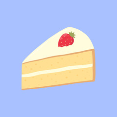 Cute a piece of cake or sponge cake with white frosting and strawberries. Cartoon style. Great design for any purposes. Vector illustration.