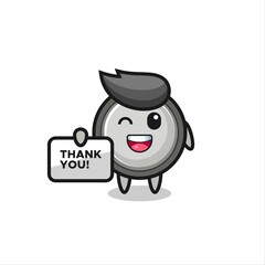 the mascot of the button cell holding a banner that says thank you