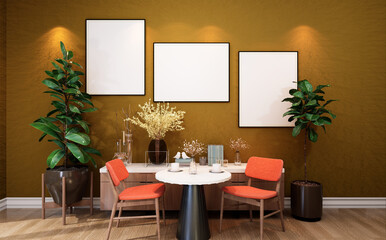 Stylish interior design of dining room with table chair, tropical plant in ceramic pot