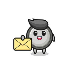 cartoon illustration of button cell holding a yellow letter