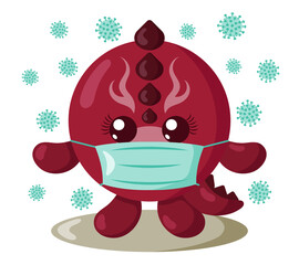 Funny cute kawaii dragon with round body and protective medical face mask surrounded by viruses in flat design with shadows. Isolated animal vector illustration	