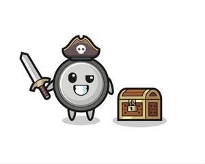 the button cell pirate character holding sword beside a treasure box