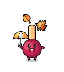 cartoon of the cute matches holding an umbrella in autumn