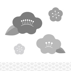 梅の花と桜の花のグレーのベクターイラスト。お正月の縁起の良い花たちと和柄。白背景で移動が簡単。