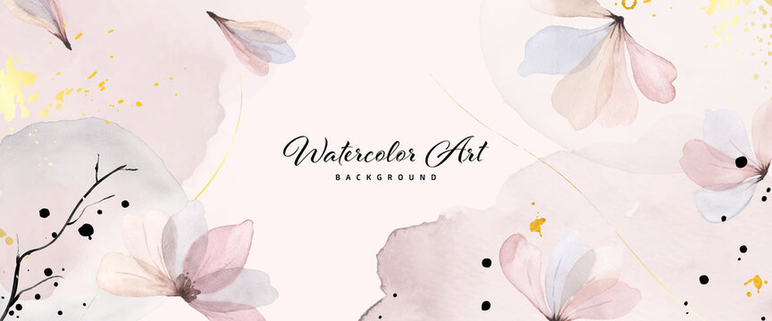 Abstract Background Watercolor Gentle Pink Flower And Gold Splash