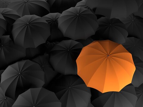 One unique bright orange umbrella among many black ones. The concept of uniqueness. 3d illustration