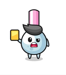 cartoon cotton bud character as a football referee giving a yellow card