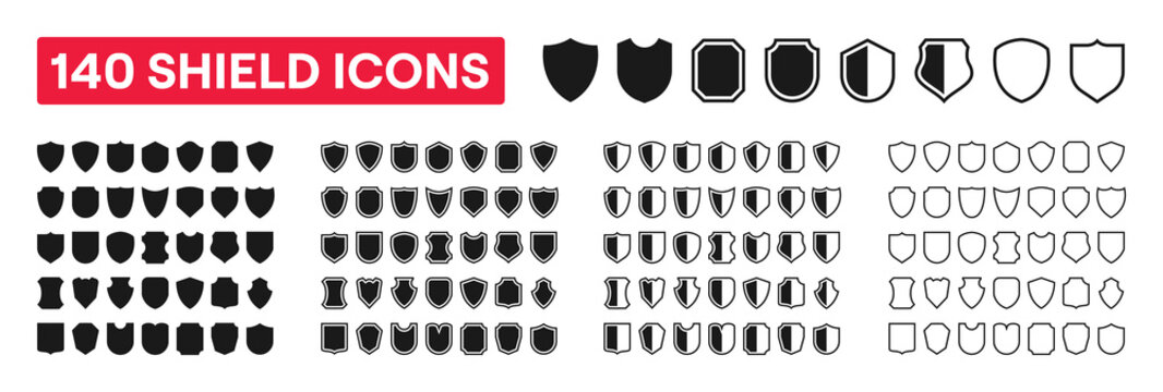 Shield black icon vector collection. Protect shields symbol. Isolated shield emblem set on white background. 140 shield Badges black pack. Vector illustration.