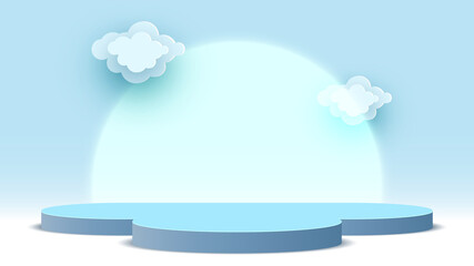 Blank blue podium with clouds. Pedestal. Products display platform. Exhibition stand. Vector illustration.
