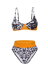 Detail shot of bright two-piece swimsuit with leopard print composed of bra with thin shoulder straps and high-waisted panties. Stylish swimming suit is isolated on the white background.