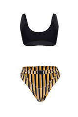 Detail shot of two-piece swimsuit with snap buckles composed of black bra and striped high-waisted panties with false belt. Stylish swimming suit is isolated on the white background.