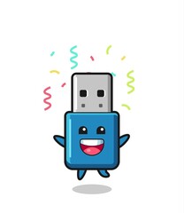 Fototapeta premium happy flash drive usb mascot jumping for congratulation with colour confetti