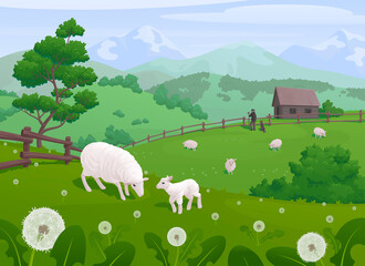 Mountain landscape with sheep on a green pasture, dandelions and a shepherd's hut