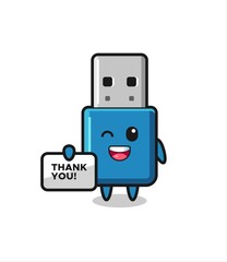 the mascot of the flash drive usb holding a banner that says thank you