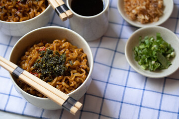 Korean hot and spicy instant noodle and seaweed