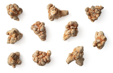Dried Panax notoginseng roots isolated on white, top view