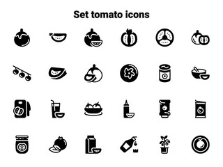 Set of black vector icons, isolated against white background. Flat illustration on a theme tomato, slice, whole, appetizing. Fill, glyph