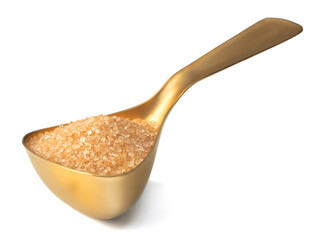 yellow sugar in the metal measuring spoon, isolated on white background