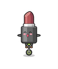 The cute lipstick character is riding a circus bike