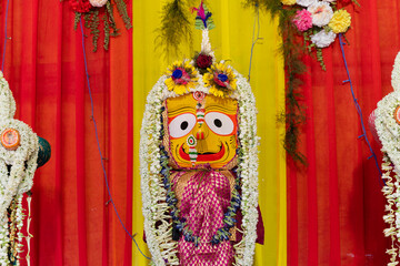 Idol of Hindu Goddess Suvodra is being worshipped with garlands for Rath jatra festival - at...
