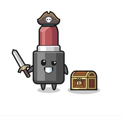 the lipstick pirate character holding sword beside a treasure box