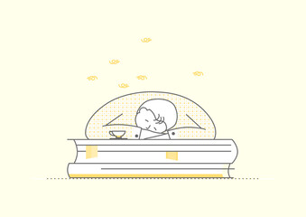 Man sleeping on the books. Intensive study concept. Limited colour flat vector.