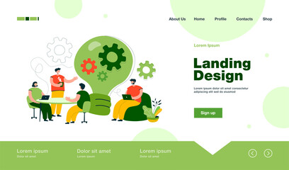 Creative office workers discussing ideas in team isolated flat vector illustration. Cartoon people sitting at desk, meeting, brainstorming and coworking. Business, cooperation and teamwork concept