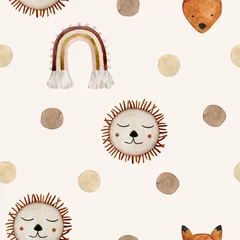 Wallpaper murals Out of Nature Watercolor seamless pattern polka dot brown beige, rainbow and lion. Hand drawn clipart. Perfect for card, tags, invitation, printing, wrapping, children's textile.