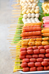 Thai street food - Thai meet balls, sausages, hot dog , Pork Balls in Bangkok, Thailand.