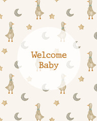 Watercolor illustration card welcome baby with goose and stars. Hand drawn clipart. Perfect for card, postcard, tags, invitation, printing, wrapping.