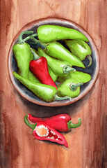 Watercolor illustration of a clay bowl with bright red and green peppers on a wooden table surface, with cut peppers next to the bowl