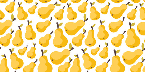 Pears yellow. Fruit seamless pattern of pears with green foliage. Vector illustration on a white background.