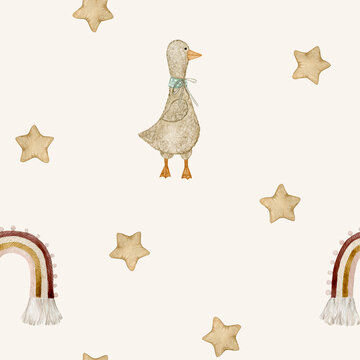 Watercolor seamless pattern with rainbow, goose and stars. Hand drawn clipart. Perfect for card, invitation, tags, printing, wrapping, children's textile.