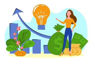 concept idea worth the money. Buy idea, investment in innovation, modern technology business concept. The girl sells her idea, the concept of a proposal for work. vector flat illustration. 