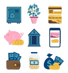 Money saving set. Vector illustration. Cash transactions, business, payments, bank in a mobile phone, money tree. 