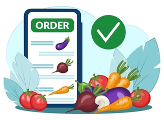 concept of ordering food by phone. Can be used for advertisements, infographics or mobile apps. online vegetarian food store 