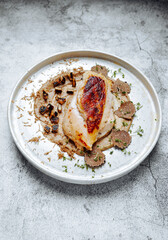 Chicken breast with celeriac puree and truffles - obrazy, fototapety, plakaty