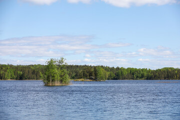 View of a small island in the lake. Summer nature in Finland