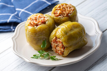 Traditional delicious Turkish food; stuffed bell peppers with meat (Turkish name; Etli biber dolmasi)