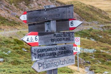 Rossalm italy, 10-01-2020. Hiking signs in mountain. Tirol, Dolomite, Italy.