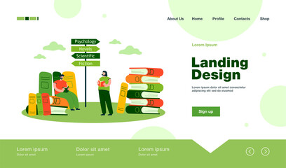 Tiny man and woman reading books of different genres. Male character sitting on huge books flat vector illustration. Bookshop, literature, education concept for banner, website design or landing page